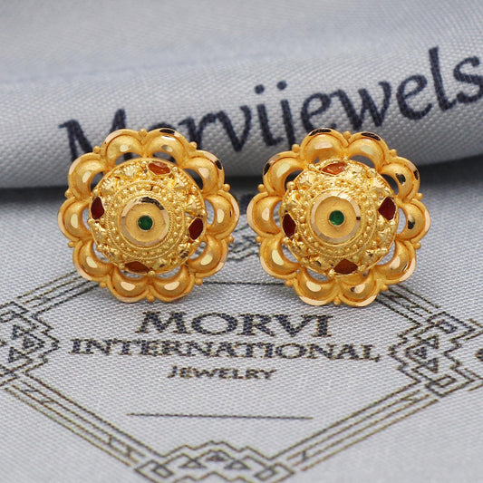 22k 22kt Yellow Gold Studs Earrings Jewelry for gift, Gold Round Screw Back Minimalist Indian Antique Vintage Earrings for Wedding, K5445