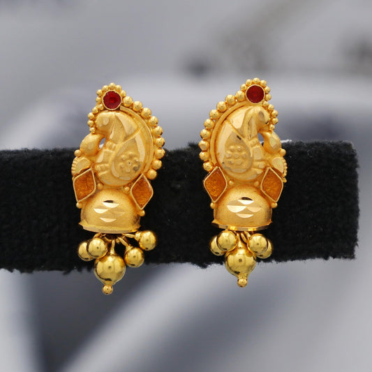 Solid 22k Yellow Gold Earrings Handmade Indian Jewelry for Gift, K5459