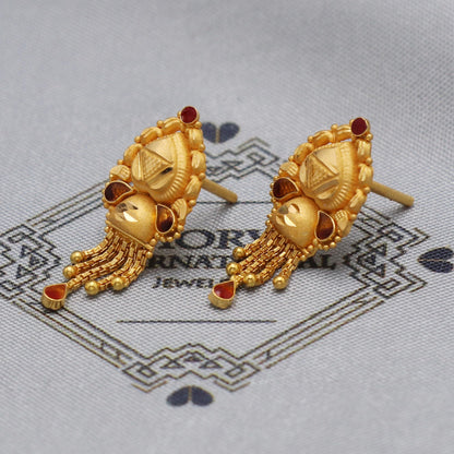 Indian Gold Earrings for women made in 22k gold with little danlging chains, hand carved design little red enamel, gold tops stud, K5470