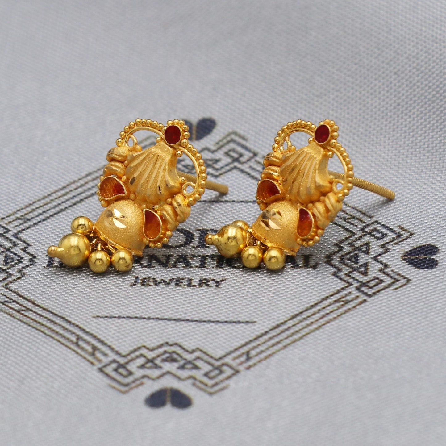 22k 22kt 22 karat Yellow Gold Earrings dangling bell beads Dangle Stud Handmade Indian Jewelry for Gift, K5471