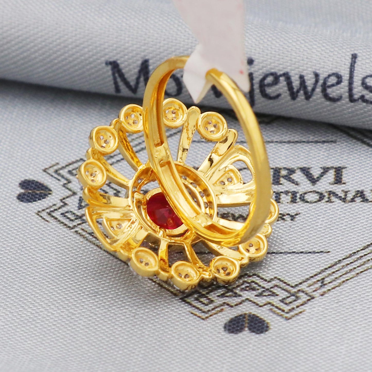 flower red stone gold ring handmade jewelry