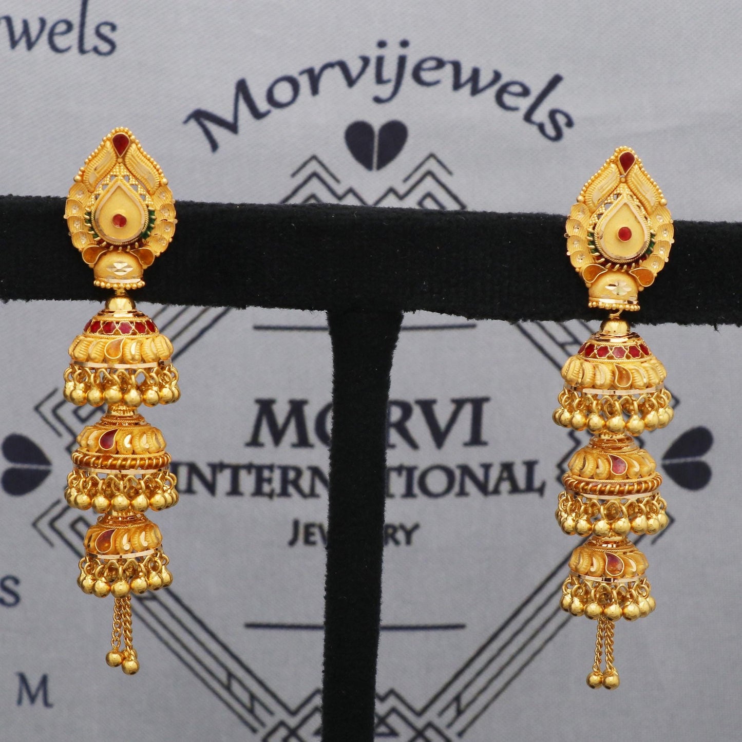 Big long 22k Yellow Gold Earrings Jhumki Jhumka Style For Women Indian Wedding Jewelry, K5595