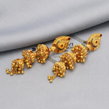 Big long 22k Yellow Gold Earrings Jhumki Jhumka Style For Women Indian Wedding Jewelry, K5595