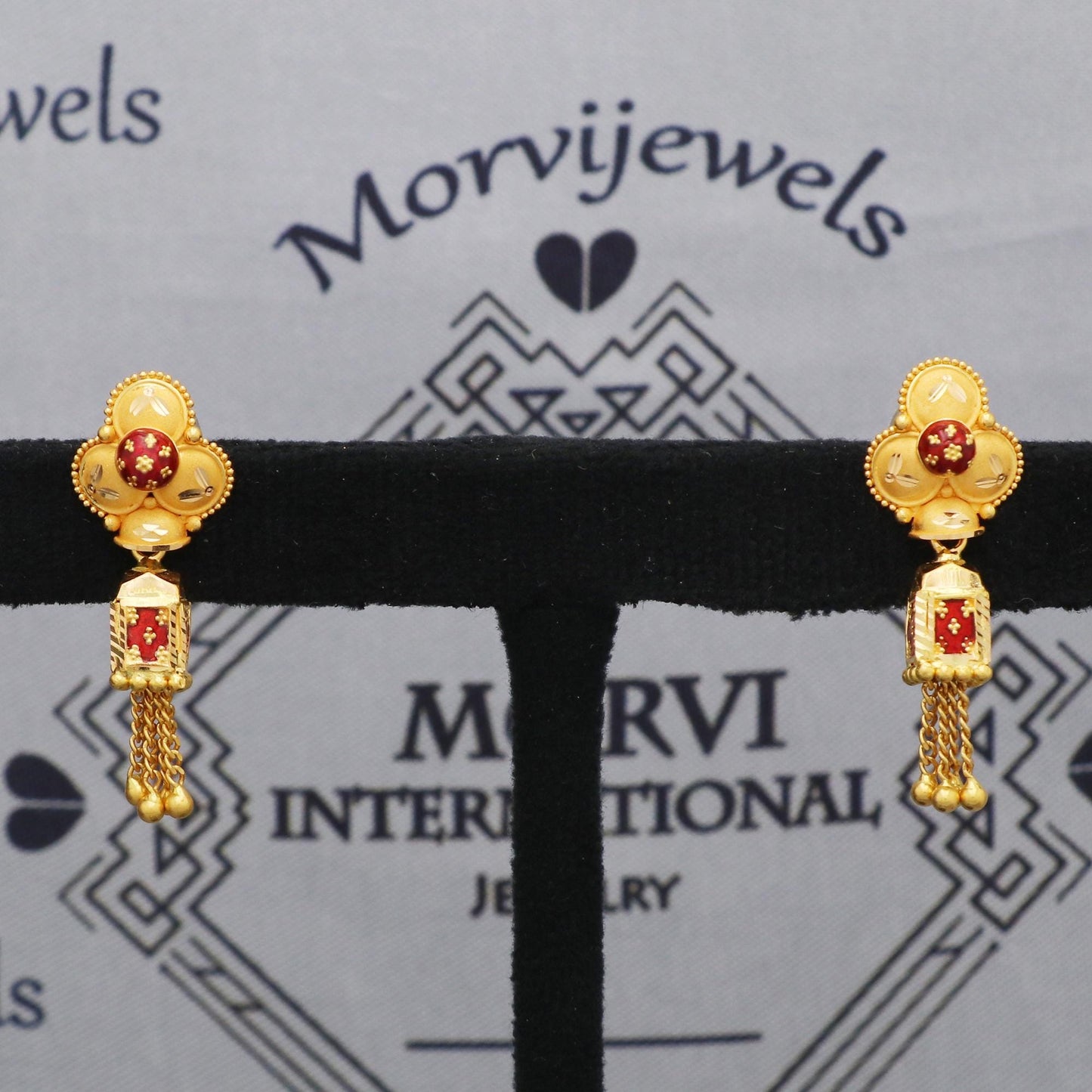 22k Yellow Gold Earrings Jhumki Jhumka Style Dangling Beads For Women Indian Wedding Jewelry, K5599