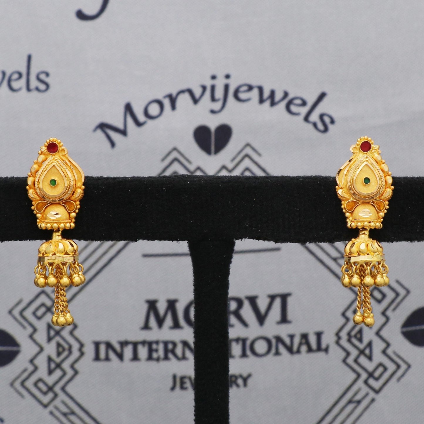 22k Yellow Gold Earrings Chain Beads For Women Indian Wedding Jewelry, K5600