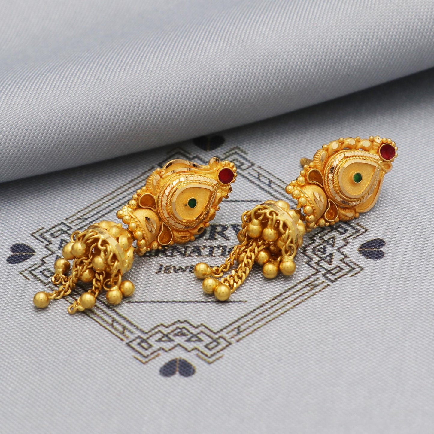 22k Yellow Gold Earrings Chain Beads For Women Indian Wedding Jewelry, K5600