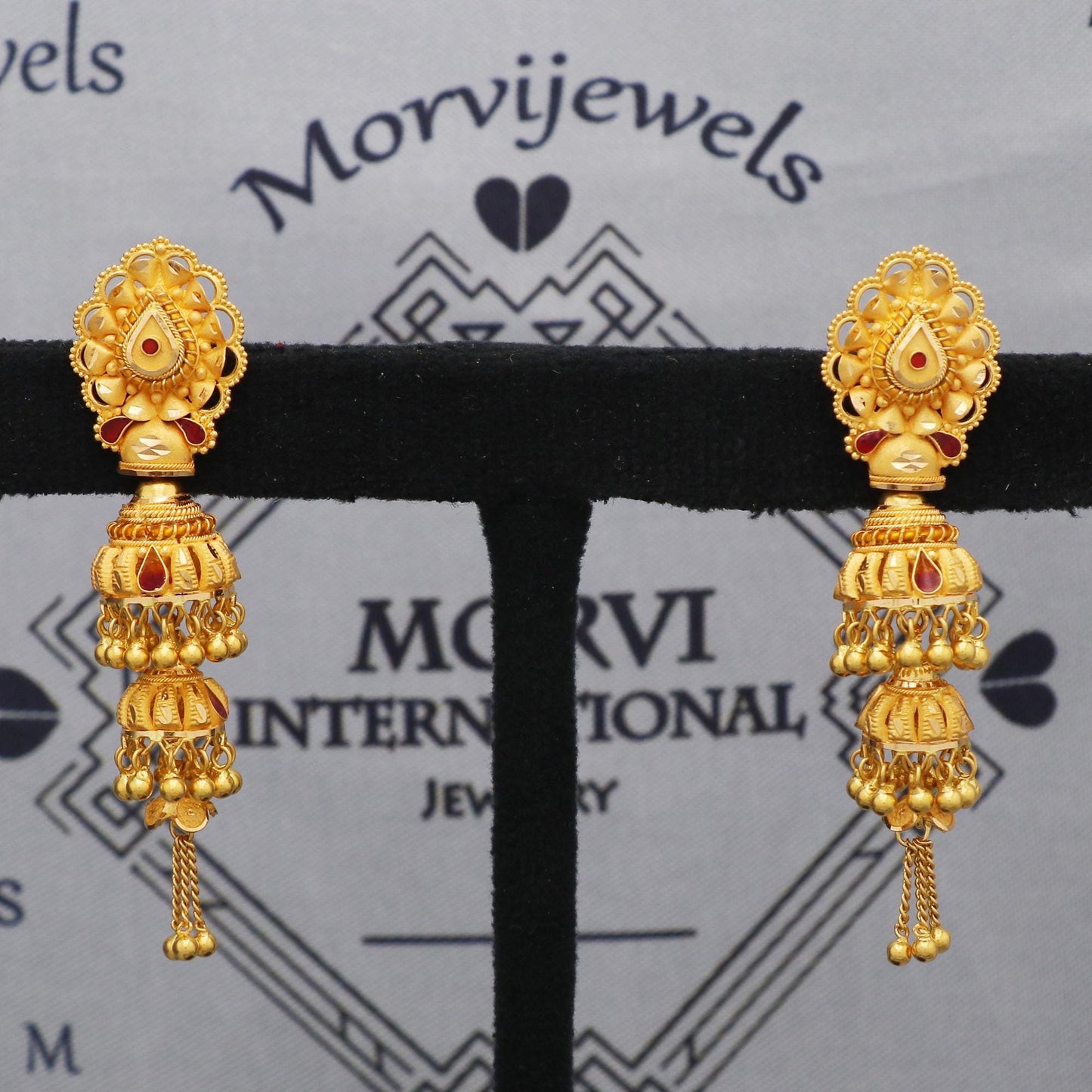 Fine 22k Yellow Gold Earrings Jhumki Jhumka Style Dangling Chain For Women Indian Wedding Jewelry, K5606