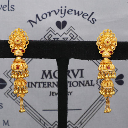 Fine 22k Yellow Gold Earrings Jhumki Jhumka Style Dangling Chain For Women Indian Wedding Jewelry, K5606