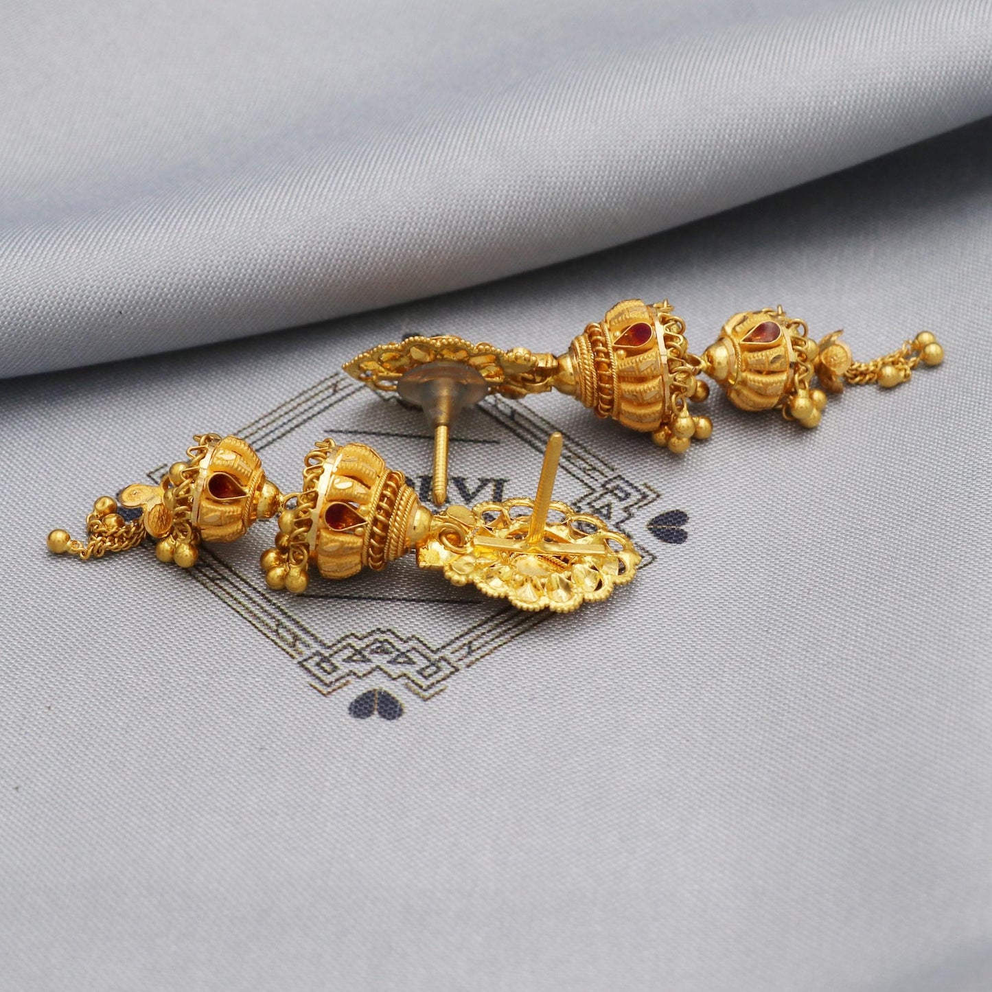 Fine 22k Yellow Gold Earrings Jhumki Jhumka Style Dangling Chain For Women Indian Wedding Jewelry, K5606