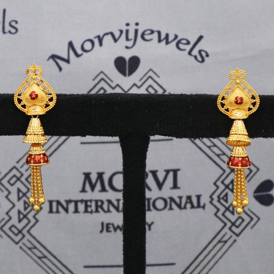 red enamel 22k Yellow Gold Earrings Women Indian Wedding Jewelry, K5607