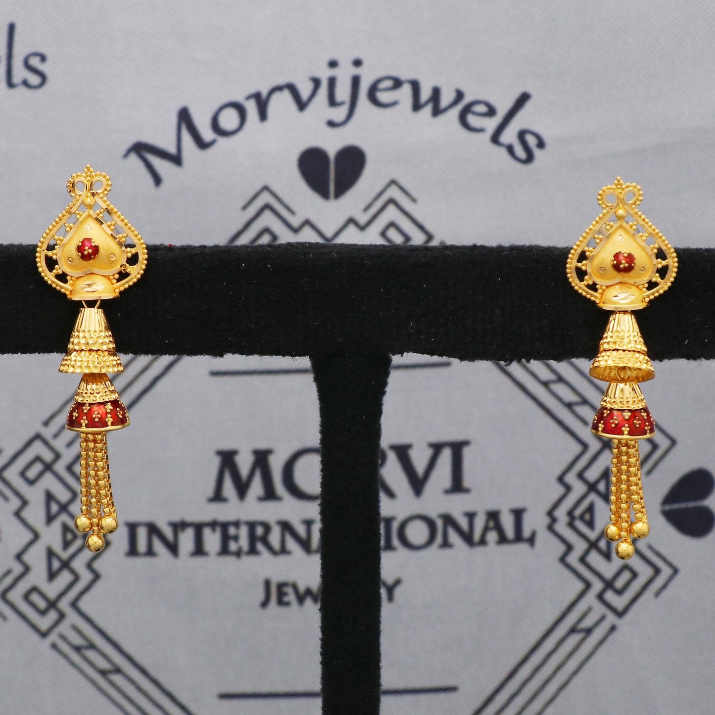 red enamel 22k Yellow Gold Earrings Women Indian Wedding Jewelry, K5607