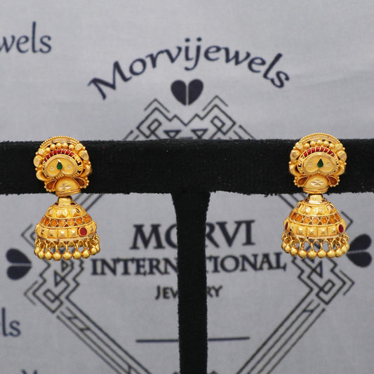 Solid 22k Yellow Gold Earrings Jhumki Jhumka Style Dangling Beads For Women Indian Wedding Jewelry, K5609