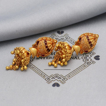 22karat 22kt 22k Yellow Gold Earrings Jhumki Jhumka Style Dangling Chain For Women Indian Wedding Jewelry, K5610
