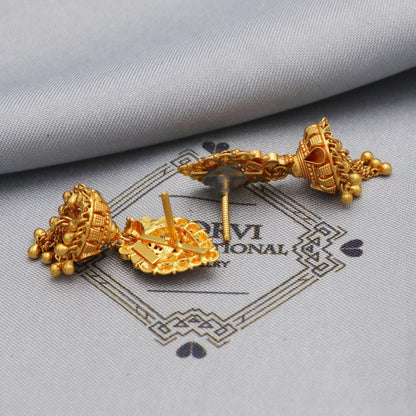 22karat 22kt 22k Yellow Gold Earrings Jhumki Jhumka Style Dangling Chain For Women Indian Wedding Jewelry, K5610