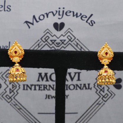 22karat 22kt 22k Yellow Gold Earrings Jhumki Jhumka Style Dangling Bead For Women Indian Wedding Jewelry, K5611