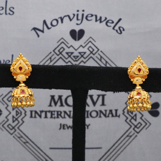 22karat 22kt 22k Yellow Gold Earrings Jhumki Jhumka Style Dangling Bead For Women Indian Wedding Jewelry, K5611