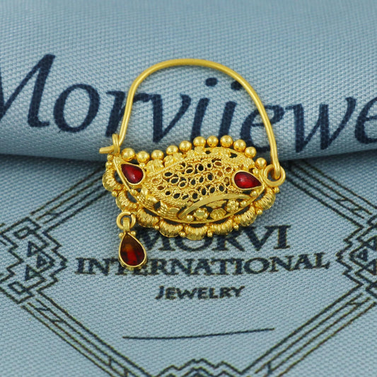 22k yellow Gold Nath hoop, Indian Vintage Design Pure Gold Nath / Earrings Nose Ring Traditional Indian Handmade Nose pin,  K5657