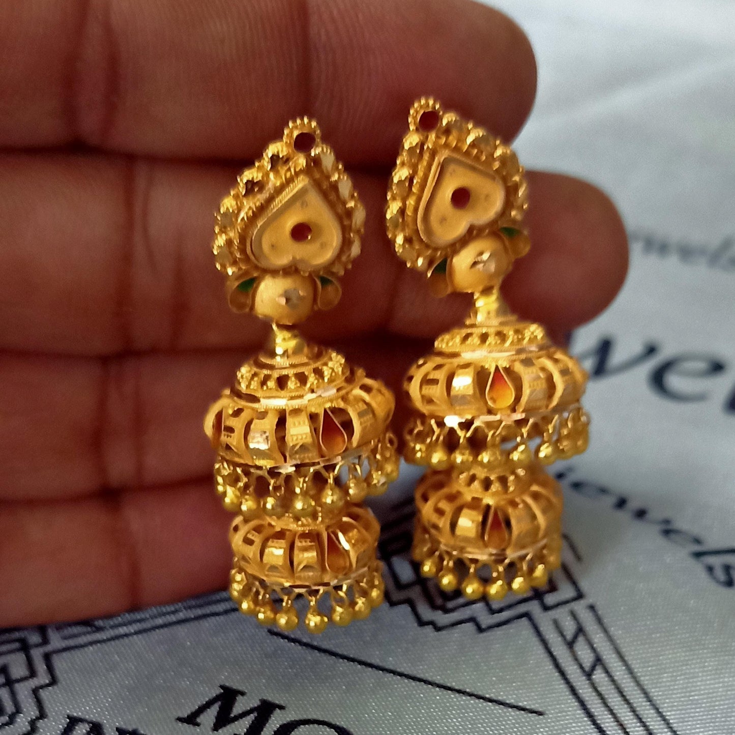 22k Yellow Gold Jhumka Earrings , Handmade Vintage Pure Traditional Indian WEDDING Dangle Earrings Dangle stud jewelry, K5661