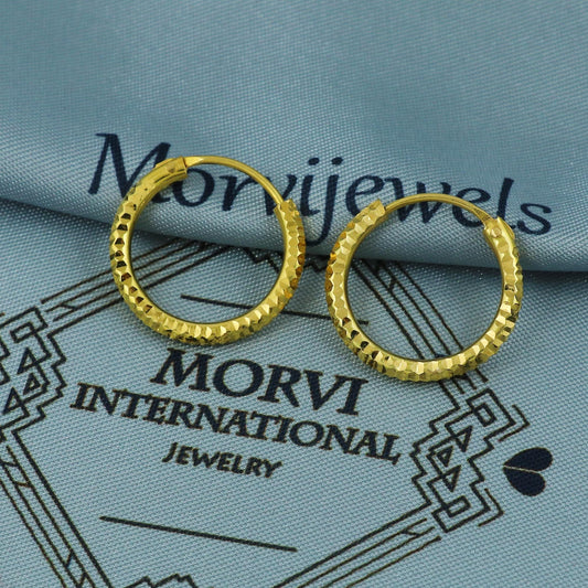 Handmade Solid 18k Yellow Gold Hoop Bali Huggies Earrings Jewelry, 16*16mm