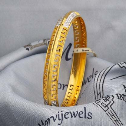 22k Gold Bangle Bracelet Greek Key Handmade Jewelry, Two tone Engraved Single Jewelry for Gift, K5434