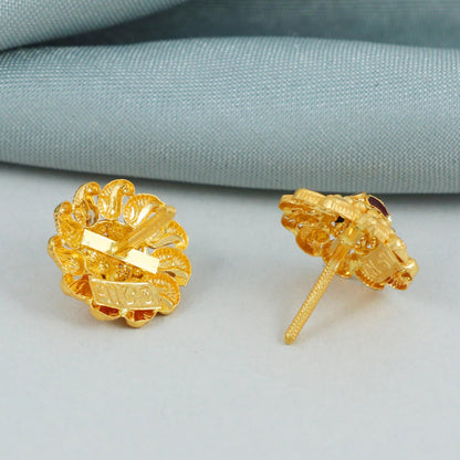 22k gold stud indian style earrings jewelry women, pure gold flower design handmade handcrafted asian gold jewellery, K4588