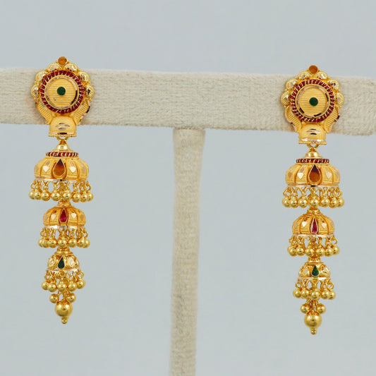 22k yellow gold earrings jhumka jewelry, handmade vintage Pure Traditional wedding indian style Jhumki Earrings Chandelier, K4594