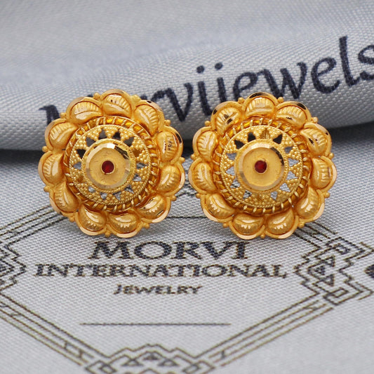 22k 22kt Yellow Gold Studs Earrings Paisley Flower, Gold Round Screw Back Minimalist Indian Antique Vintage Earrings for Wedding, K5455