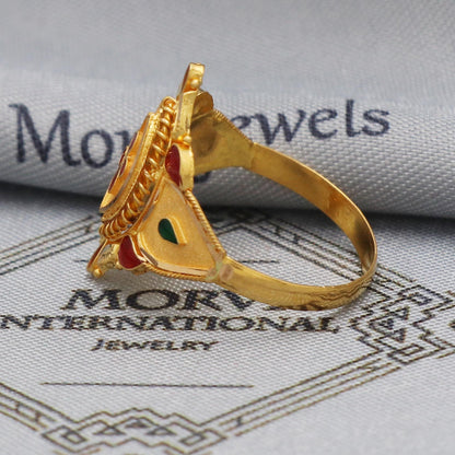 Indian 22k Yellow Gold Handmade Ring, Oval Red Green Enamel Ring, anciant design royal queen ring, Ring for Women,