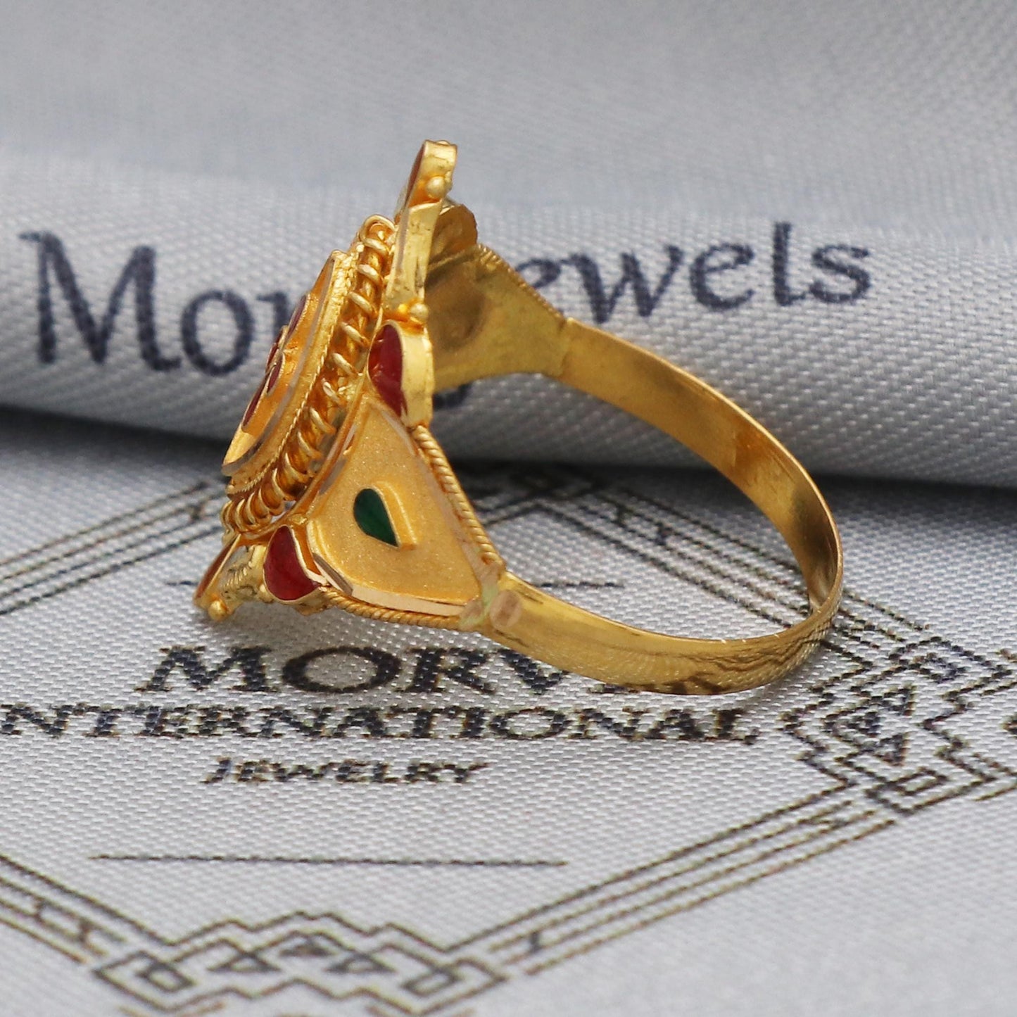 Indian 22k Yellow Gold Handmade Ring, Oval Red Green Enamel Ring, anciant design royal queen ring, Ring for Women,