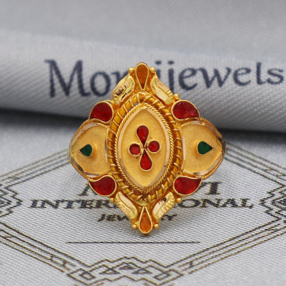 Indian 22k Yellow Gold Handmade Ring, Oval Red Green Enamel Ring, anciant design royal queen ring, Ring for Women,
