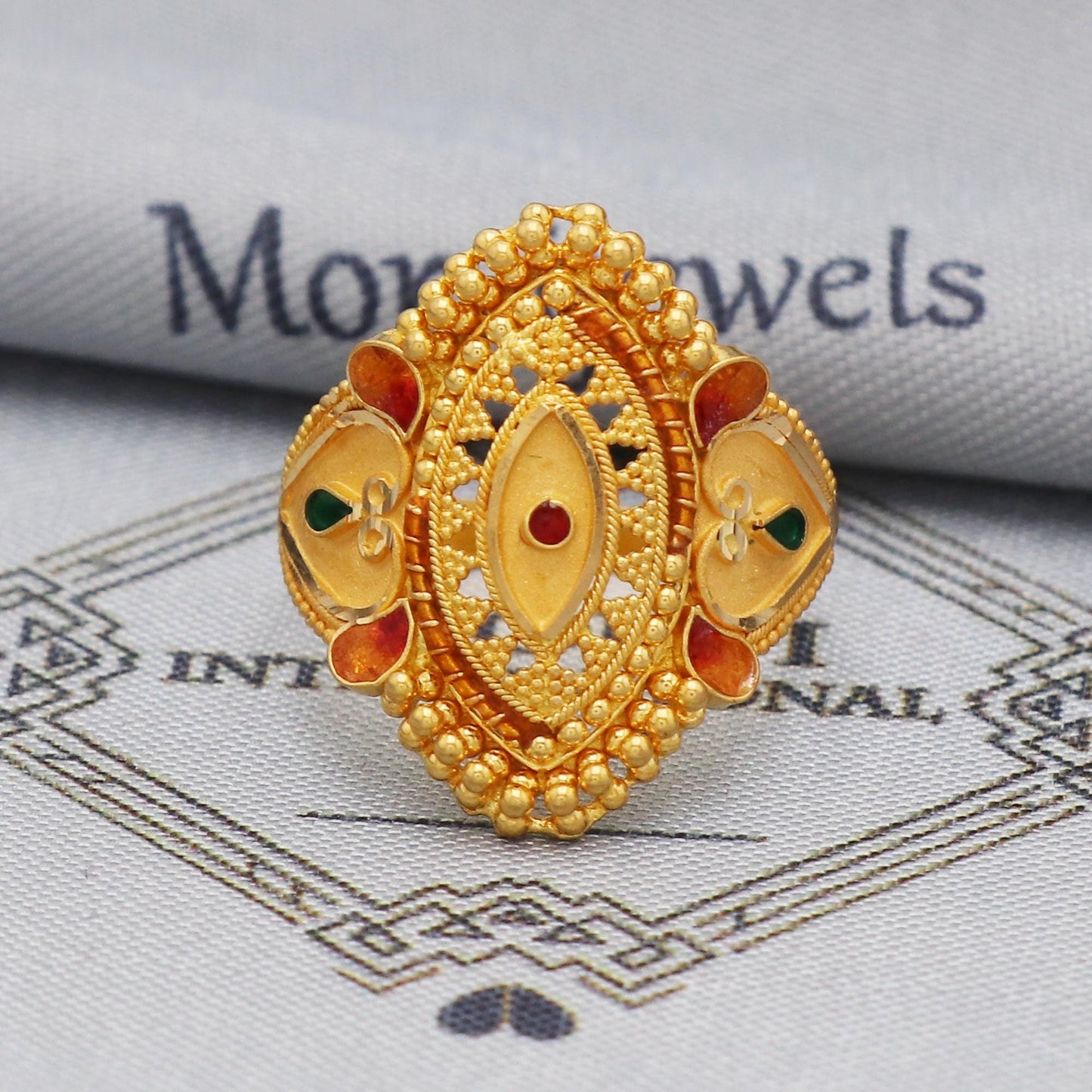 22k Gold Enamel Meena Ring, 22kt Solid Gold Ring,