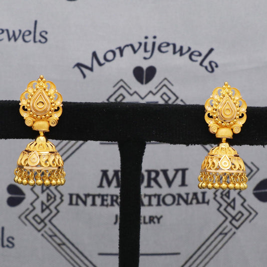 22k Yellow Gold Earrings Jhumki Jhumka Style Dangle For Women Indian Wedding Jewelry, K5596