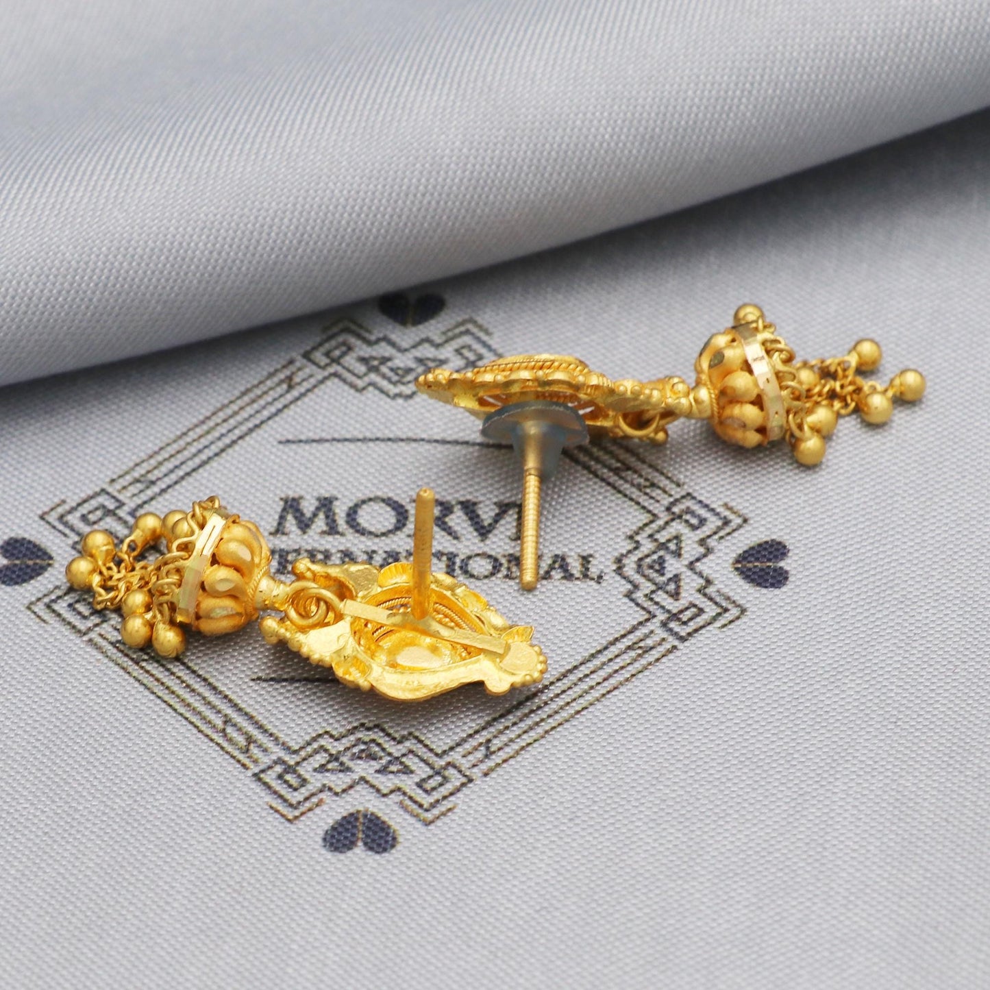 22k Yellow Gold Earrings Chain Beads For Women Indian Wedding Jewelry, K5600