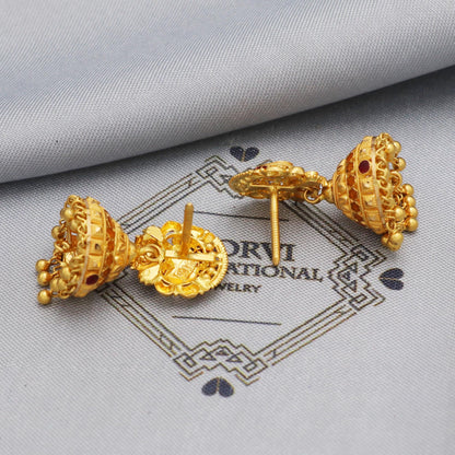 Solid 22k Yellow Gold Earrings Jhumki Jhumka Style Dangling Beads For Women Indian Wedding Jewelry, K5609
