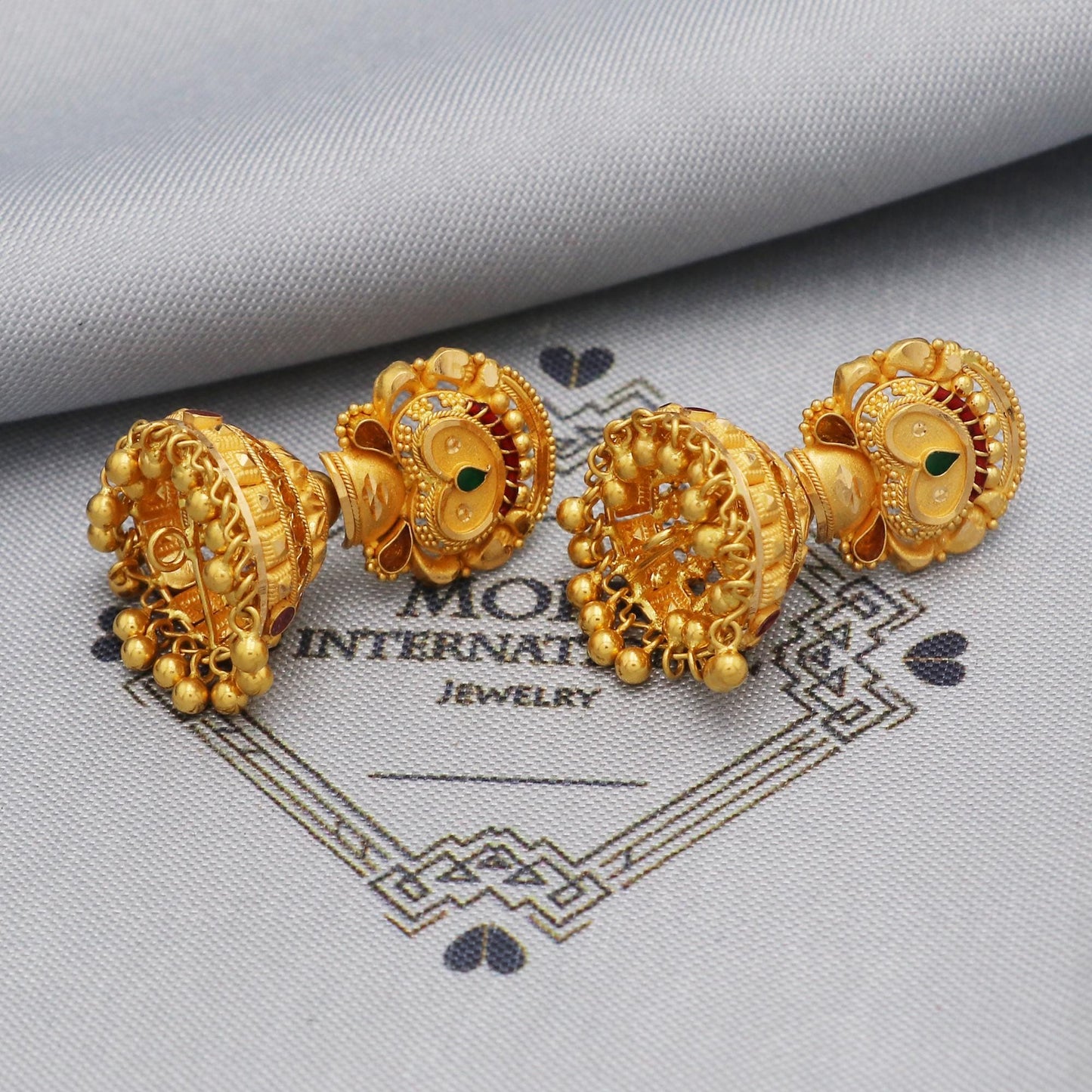 Solid 22k Yellow Gold Earrings Jhumki Jhumka Style Dangling Beads For Women Indian Wedding Jewelry, K5609