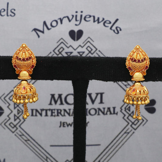 22karat 22kt 22k Yellow Gold Earrings Jhumki Jhumka Style Dangling Chain For Women Indian Wedding Jewelry, K5610