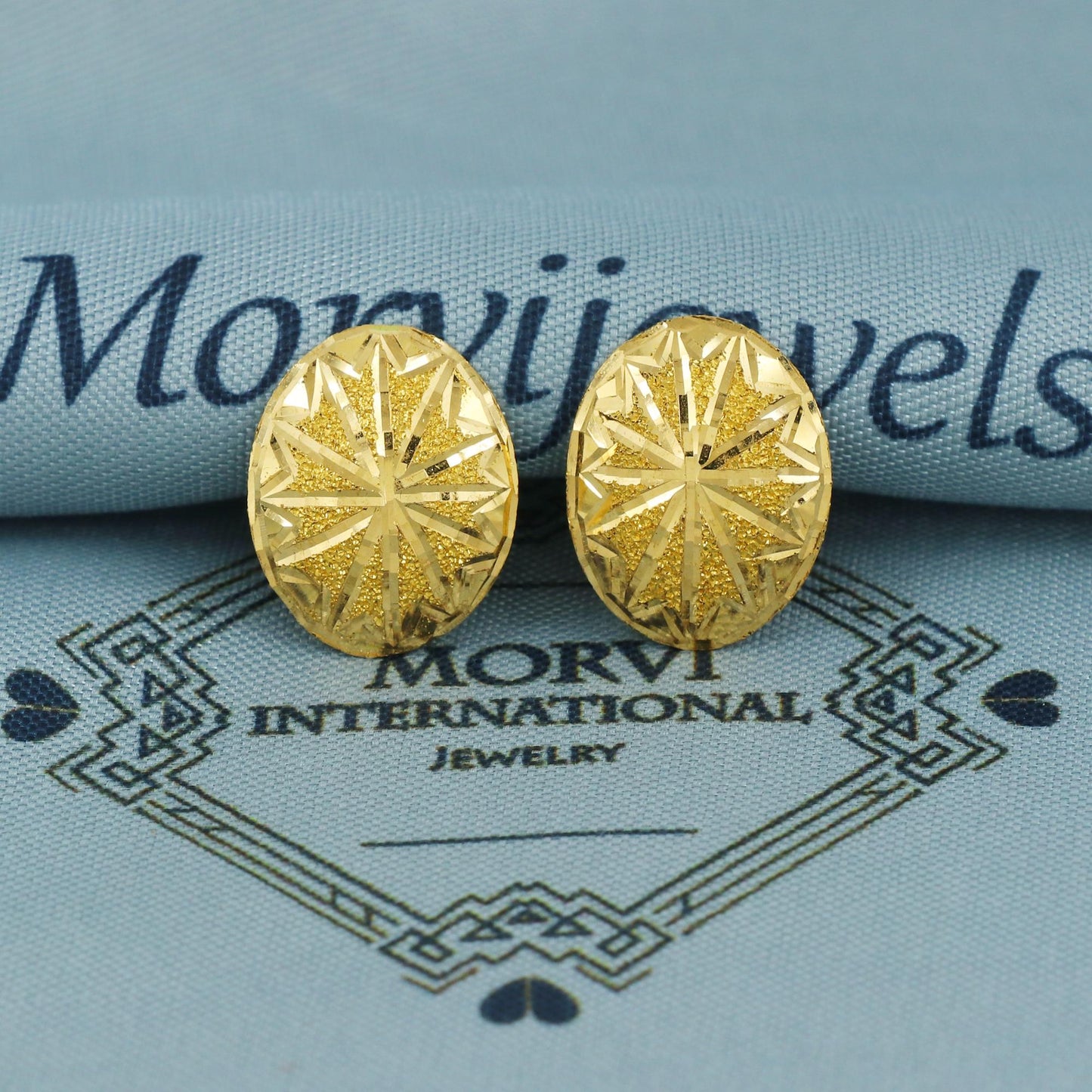 Carved Tops 22k 22kt Yellow Gold Stud Earrings Oval Handmade 22 karat Indian Jewelry for Gift, K5655