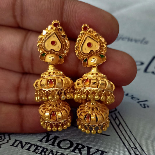 22k Yellow Gold Jhumka Earrings , Handmade Vintage Pure Traditional Indian WEDDING Dangle Earrings Dangle stud jewelry, K5661