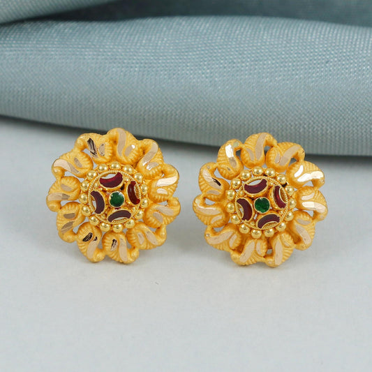 22k gold stud indian style earrings jewelry women, pure gold flower design handmade handcrafted asian gold jewellery, K4588