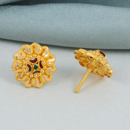22k gold stud indian style earrings jewelry women, pure gold flower design handmade handcrafted asian gold jewellery, K4588