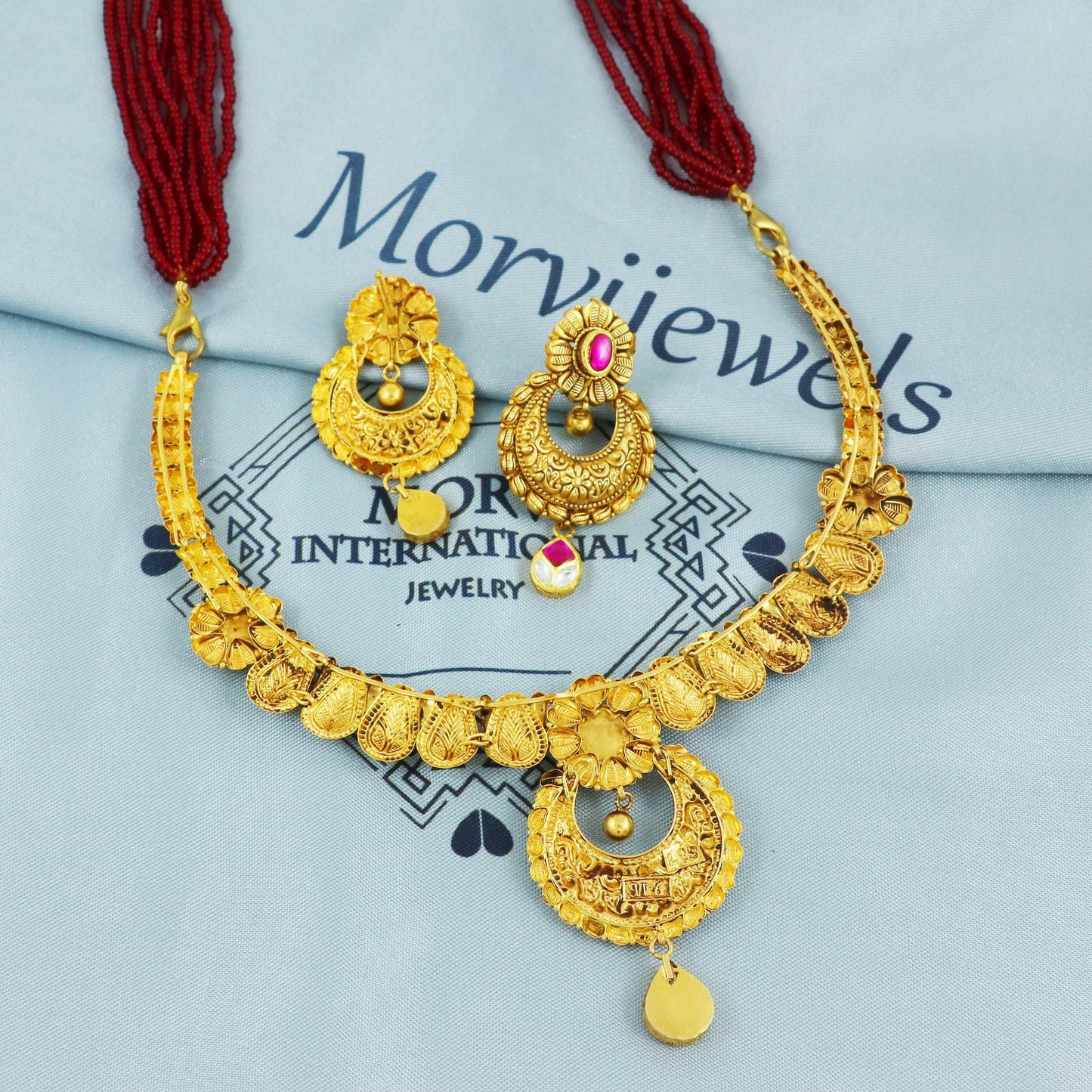 22k Yellow Gold Earrings Necklace set Gift , all sizes, 22k karat 22kt 22ct Indian Gold Handmade wedding necklace indian designer Jewelry,