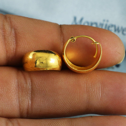 real solid gold hoop bali earrings 22k, handcrafted 22kt hoops, indian gold bali, plain hoop 7mm