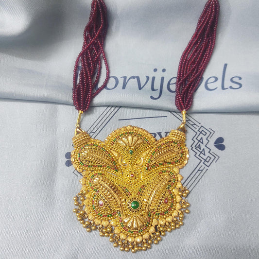 real 22k gold pendant necklace, 22kt gold designer vintage style with beads string necklace, K5692