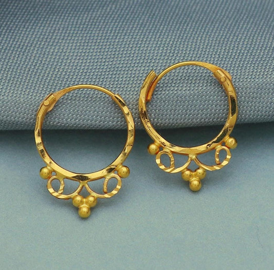 Pure 20k Yellow Gold Hoop Bali Earrings, Huggies, Beads Handmade gold earrings for women, Christmas gift, dainty Indian gold earrings
