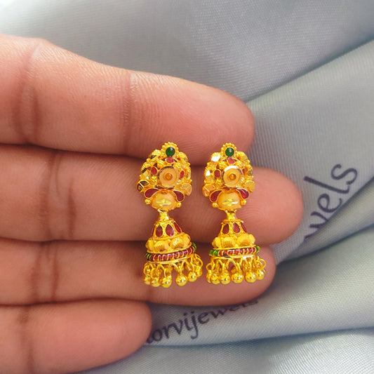 Pure solid gold jhumka with dangling bells, 22karat 22k earrings vintage ethnic gold dangle earrings, indian handmade hand crafted jewelry
