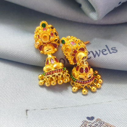Pure solid gold jhumka with dangling bells, 22karat 22k earrings vintage ethnic gold dangle earrings, indian handmade hand crafted jewelry