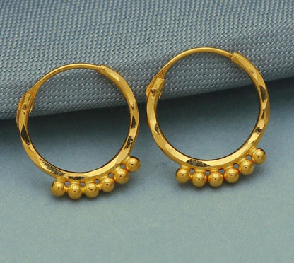 20k Yellow Gold Hoop Bali Earrings, Huggies, Beads Handmade gold cartilage earrings for women, Christmas gift, dainty Indian gold earri