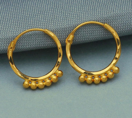 20k Yellow Gold Hoop Bali Earrings, Huggies, Beads Handmade gold cartilage earrings for women, Christmas gift, dainty Indian gold earri