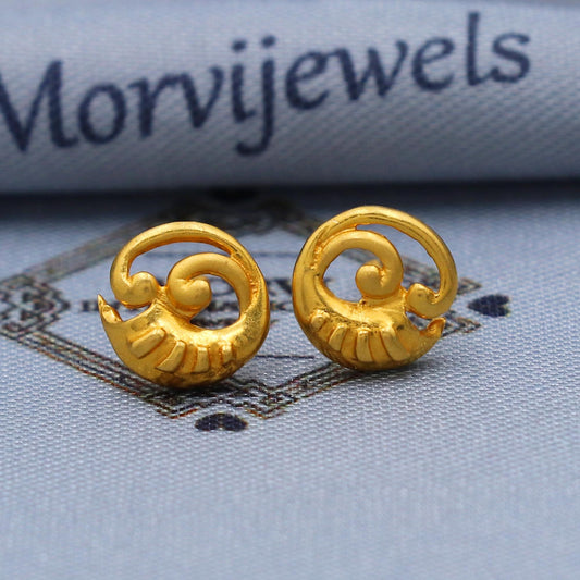 Solid 22k Gold Stud Earrings , Handmade Real gold earrings for women, vintage antique design indian gold earrings jewelry, K5792