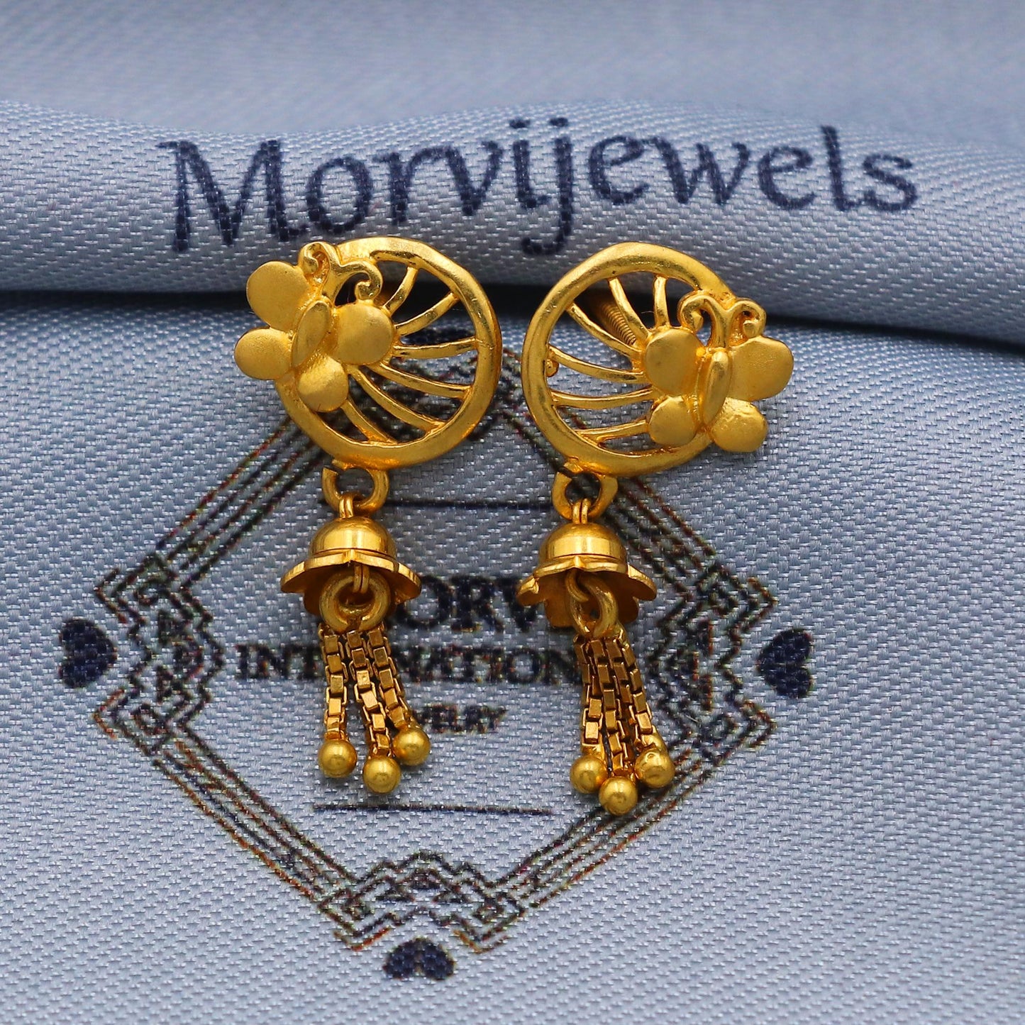 solid 22k gold dangle earrings jewelry, real gold solid 22kt karat gold earrings, women gold earrings, Handcrafted butterfly Earrings, K5798